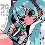  1girl 39 2023 aqua_hair aqua_nails bangs blue_eyes commentary drink drinking_straw drinking_straw_in_mouth ear_piercing earrings grey_jacket hair_ornament hatsune_miku holding jacket jewelry juice_box knees_up looking_at_viewer maiandkoh miku_day piercing pixel_art simple_background sitting solo twintails upper_body vocaloid white_background zipper_pull_tab 