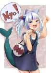  1girl absurdres animal_ear_fluff animal_ears bag bite_mark blue_eyes blue_hair blush casual cat_ears cube_hair_ornament fins fish_background fish_tail gawr_gura gawr_gura_(2nd_costume) grey_hair hair_ornament highres hololive hololive_english jonasan_(bad-t) looking_at_viewer multicolored_hair official_alternate_costume shark_girl shark_tail sharp_teeth short_sleeves shoulder_bag side_ponytail solo stitches streaked_hair tail teeth virtual_youtuber 