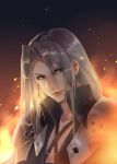 1boy armor black_jacket chest_strap closed_mouth commentary_request embers final_fantasy final_fantasy_vii fire green_eyes grey_hair hair_behind_ear high_collar jacket kudou_asami light_smile lips long_hair looking_at_viewer male_focus parted_bangs sephiroth shoulder_armor solo upper_body 