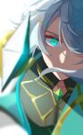  1boy aiming_at_viewer alhaitham_(genshin_impact) aqua_eyes black_shirt cable chest_jewel close-up gem genshin_impact gold_trim green_gemstone grey_hair hair_between_eyes hair_over_mouth hair_over_one_eye highres holding holding_sword holding_weapon looking_at_viewer male_focus matohuku1210 multicolored_eyes one_eye_covered parted_bangs pectorals shaded_face shirt sidelocks solo swept_bangs sword weapon white_background 