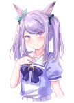  1girl alternate_hairstyle animal_ears blue_bow blue_ribbon blue_shirt blush bow closed_mouth ear_ribbon hand_on_own_chest horse_ears ittokyu looking_at_viewer mejiro_mcqueen_(umamusume) pleated_skirt puffy_short_sleeves puffy_sleeves purple_eyes purple_hair ribbon school_uniform shirt short_sleeves signature simple_background skirt smile solo swept_bangs tracen_school_uniform twintails umamusume white_background white_skirt 