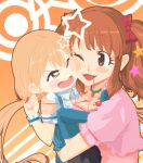  2girls :3 angry blonde_hair blood blood_on_hands blue_thighhighs blush_stickers bow breasts brown_eyes brown_hair chimosaku cleavage collared_shirt commentary_request cropped_jacket face_punch floating_hair foot_pushing frilled_wrist_cuffs futaba_anzu hair_bow hair_ornament height_difference hug idolmaster idolmaster_cinderella_girls in_the_face jacket jewelry long_hair low_twintails moroboshi_kirari multiple_girls multiple_hair_bows neck_ribbon necklace no_shoes nosebleed one_eye_closed open_mouth orange_background orange_ribbon petite pink_jacket pink_shirt puffy_short_sleeves puffy_sleeves punching pushing red_bow ribbon shirt short_sleeves smile star_(symbol) star_hair_ornament struggling sweatdrop thighhighs twintails two-tone_background undone_neck_ribbon upper_body v-shaped_eyebrows white_background 