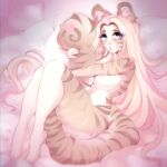  anthro big_breasts big_tail blush breasts butt cuddling felid feline female feral fur hair hi_res lying mammal mokkapie nipples nude purrcephone solo tail 