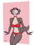  anthro beastars bra breasts brown_body brown_fur canid canine canis cheek_tuft choker clothing facial_tuft female front_view fur hi_res jewelry juno_(beastars) lingerie mammal necklace panties purple_eyes smile solo togaed tuft underwear wolf 
