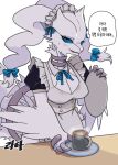  anthro beverage biped blue_eyes breasts cleavage clothed clothing coffee dialogue female fur generation_5_pokemon hi_res korean_text legendary_pokemon looking_at_viewer maid_uniform nintendo pokemon pokemon_(species) ratta108 reshiram simple_background solo speech_bubble text translation_request uniform white_background white_body white_fur 