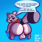  1:1 absurd_res anthro backsack balls blue_background butt fur genitals grey_body grey_fur hi_res indigo_park male mammal neckscarf open_mouth presenting presenting_hindquarters procyonid purple_eyes raccoon rambley_(indigo_park) simple_background smile solo speech_bubble tail voxdafox 