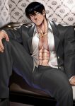  1boy abs absurdres bara black_hair black_jacket black_pants fushiguro_touji highres jacket jujutsu_kaisen large_pectorals male_focus muscular muscular_male navel open_clothes open_shirt pants pectorals scar scar_on_face scar_on_mouth shirt short_hair sitting solo suyohara white_shirt 