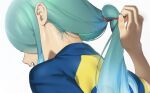  1boy aqua_hair blurry close-up commentary depth_of_field dutch_angle from_behind hand_up inazuma_eleven_(series) kazemaru_ichirouta long_hair male_focus omisotayan open_mouth portrait short_sleeves simple_background solo sportswear sweat symbol-only_commentary untying_hair white_background 