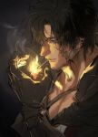  1boy black_cape black_hair blue_eyes cape clive_rosfield facial_tattoo final_fantasy final_fantasy_xvi gsg7pk highres leather_vest smoking square_enix tattoo teardrop_earring 