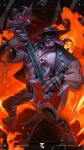  1boy abs black_footwear black_gloves black_pants english_commentary facial_hair fingerless_gloves fingernails gloves goatee guitar highres instrument jewelry league_of_legends male_focus muscular muscular_male music necklace official_alternate_costume official_alternate_hairstyle official_art pants pentakill_yorick playing_guitar solo teamfight_tactics teeth yorick_(league_of_legends) 