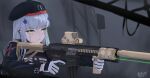  1girl artist_name assault_rifle beret black_headwear blurry blush breasts closed_mouth facial_mark fingerless_gloves girls&#039;_frontline gloves green_eyes gun h&amp;k_hk416 hair_ornament hairclip handgun hat highres hk416_(girls&#039;_frontline) holding holding_gun holding_weapon jacket lkovn956271 long_hair long_sleeves looking_at_viewer military open_mouth parted_lips rifle signature solo teardrop trigger_discipline uniform upper_body weapon white_gloves 