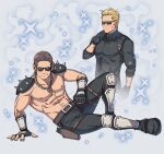  2boys albert_wesker armor bara belt black_gloves black_hair black_pants black_shirt blonde_hair blush brown_belt chris_redfield closed_mouth fingerless_gloves gloves highres jewelry kalamari large_pectorals male_focus multiple_boys muscular muscular_male necklace pants pectorals resident_evil resident_evil_5 shirt short_hair shoulder_armor shoulder_spikes smile spikes sunglasses topless_male 