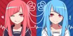  2girls :q alternate_costume alternate_hairstyle black_serafuku blue_background blue_hair blue_neckerchief blue_ribbon cardiogram closed_mouth collarbone commentary_request diagonal_bangs hair_ribbon heart kotonoha_akane kotonoha_aoi long_hair looking_at_viewer multiple_girls neckerchief notice_lines one_eye_closed patterned_background pink_hair pink_ribbon portrait red_background red_eyes red_neckerchief ribbon school_uniform serafuku siblings sidelocks sisters smile straight-on symmetry tongue tongue_out toromera two-tone_background voiceroid white_serafuku 