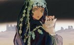  1girl amazigh_clothes animal artist_name black_hair black_nails cat closed_mouth desert expressionless fingernails green_eyes highres holding holding_animal looking_at_viewer original outdoors sharp_fingernails solo tan traditional_clothes upper_body yuko_(foret_noire) 