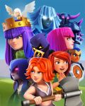  6+girls archer_(clash_of_clans) archer_queen armor axe blue_eyes clash_of_clans crown dark-skinned_female dark_skin electro_titan_(clash_of_clans) fake_horns glowing glowing_eyes headhunter_(clash_of_clans) healer_(clash_of_clans) highres holding holding_axe holding_weapon hood horned_headwear horns medium_hair multiple_girls official_art orange_hair p.e.k.k.a pink_eyes pink_hair purple_hair valkyrie_(clash_of_clans) weapon white_hair wings witch_(clash_of_clans) 