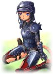  1girl :o armor avatar_(ff11) black_gloves black_panties blue_armor blue_eyes blue_hair blue_headwear blue_pupils breastplate carapace cat_girl cat_tail chin_strap dark_blue_hair elbow_gloves final_fantasy final_fantasy_xi gauntlets gloves grass helmet looking_at_viewer mithra_(ff11) open_mouth panties red_thighhighs short_hair shoulder_armor sitting solo tail taisai_soft thighhighs underwear wariza 
