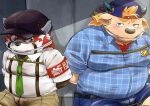  2023 ailurid anthro babe_bunyan belly big_belly blush bottomwear bound bovid bovine cattle clothing duo hamagiato hat headgear headwear hi_res kemono lifewonders male mammal necktie overweight overweight_male red_body red_panda rope shirt shorts sitting tokyo_afterschool_summoners topwear young zhurong_(tas) 
