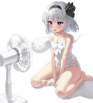  1girl absurdres arm_support bare_shoulders barefoot between_legs black_bow black_hairband black_ribbon blue_eyes blush bob_cut bow breasts camisole cleavage commentary electric_fan fan_speaking fanning_self ghost hair_bow hair_ribbon hairband hand_between_legs highres hot konpaku_youmu konpaku_youmu_(ghost) midriff no_bra no_pants on_floor open_mouth own_hands_together panties ribbon seiza shadow short_hair simple_background sitting small_breasts solo steam steaming_body sweat touhou underwear underwear_only v_arms very_sweaty white_background white_camisole white_hair white_panties youmu-kun 
