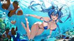  1girl absurdres air_bubble bare_shoulders barefoot bikini blue_bikini blue_eyes blue_hair breasts bubble clownfish copyright_name covered_nipples day feet fish gloves goddess_of_victory:_nikke helm_(aqua_marine)_(nikke) helm_(nikke) high_ponytail highres long_hair looking_to_the_side micro_bikini navel official_art open_mouth pinkmill skindentation soles swimsuit teeth thighs underwater upper_teeth_only water white_gloves 