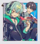  2boys absurdres black_collar black_hair black_hoodie black_pants blonde_hair blue_hair brown_eyes collar collared_shirt fang food gennkai_para green_hair grey_shirt highres holding holding_food holding_popsicle hood hood_down hoodie inukai_yuto light_blue_hair male_focus mikoshiba_kenta multiple_boys orange_eyes pants paradox_live popsicle shirt short_hair translation_request watermelon_bar 