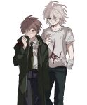  2boys aemono_(lemolemo_lmn) amputee bandaged_arm bandages black_pants borrowed_clothes brown_hair collarbone collared_shirt danganronpa:_trigger_happy_havoc danganronpa_(series) danganronpa_2:_goodbye_despair feet_out_of_frame green_jacket green_necktie grey_hair grey_shirt hand_up highres holding holding_clothes holding_jacket hood hood_down hooded_jacket jacket komaeda_nagito male_focus messy_hair multiple_boys naegi_makoto necktie pants print_shirt shirt simple_background smile white_background white_shirt 