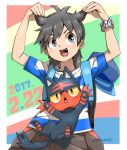  1boy antenna_hair backpack bag baseball_cap cat_day chestnut_mouth dated elio_(pokemon) grey_eyes grey_hair hair_ears hands_up hat hat_removed headwear_removed litten makoto_ikemu medium_hair open_mouth pants pokemon pokemon_(creature) pokemon_(game) pokemon_sm shirt short_sleeves signature striped striped_shirt v-shaped_eyebrows z-ring 