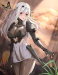  1girl absurdres armor armored_gloves bandaged_head bandages black_gloves bodystocking bodysuit breasts bug butterfly cloud cloudy_sky fingerless_gloves gloves goddess_of_victory:_nikke grey_hair hair_ribbon highres large_breasts light_blush long_hair mecha_musume modernia_(nikke) outdoors red_eyes ribbon rjh5820 see-through_cleavage shoulder_armor sidelocks sky solo yellow_ribbon 