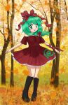  1girl absurdres arm_ribbon autumn_leaves bare_shoulders beanroll black_footwear boots bow dress forest frilled_dress frilled_ribbon frills front_ponytail full_body green_eyes green_hair hair_bow hair_ribbon highres kagiyama_hina leaf looking_at_viewer maple_leaf nature off-shoulder_dress off_shoulder outdoors red_dress red_ribbon ribbon smile solo touhou 