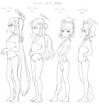  4girls aris_(blue_archive) bikini blue_archive flat_chest halo height_chart highres measurements micro_bikini midori_(blue_archive) momoi_(blue_archive) monochrome multiple_girls naltal swimsuit yuzu_(blue_archive) 