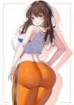  1girl absurdres ass bare_arms bare_shoulders blush brown_eyes brown_hair commentary cowboy_shot crop_top facial_mark grin hand_on_own_hip heart highres himeliofon leggings long_hair looking_at_viewer midriff orange_pants original pants smile solo standing tank_top thick_thighs thighs white_tank_top 