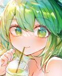  1girl collarbone commentary_request cup drinking green_eyes green_hair green_nails highres itsumizu looking_at_viewer short_hair smile soga_no_tojiko solo touhou upper_body 