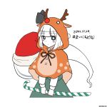  1girl animal_costume candy candy_cane closed_mouth commentary_request dated food ghost green_skirt hat highres hoshii_1213 konpaku_youmu konpaku_youmu_(ghost) long_sleeves looking_at_viewer reindeer_costume santa_hat simple_background skirt solo touhou twitter_username white_background 
