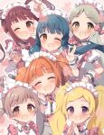  22nekone 6+girls arm_up back_bow blonde_hair blue_hair blush bow bowtie brown_eyes brown_hair clenched_hands closed_eyes commentary dot_nose double_v dress emily_stewart eyelashes green_eyes grey_hair hair_bow hakozaki_serika handa_roco hands_up heart idolmaster idolmaster_million_live! idolmaster_million_live!_theater_days kitakami_reika light_brown_hair long_hair looking_at_viewer maid maid_headdress matsuda_arisa multiple_girls official_alternate_costume one_eye_closed open_mouth orange_hair own_hands_together pink_background pink_bow pink_bowtie pink_dress puffy_short_sleeves puffy_sleeves purple_eyes red_eyes shirt short_sleeves sidelocks smile takatsuki_yayoi twintails upper_body v waving white_shirt wrist_cuffs 