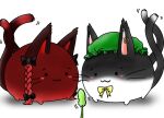  :3 adochocomint animal_ear_piercing animal_ears black_bow bow braid cat_ears cattail chen commentary english_commentary full_body green_headwear hat kaenbyou_rin mob_cap multiple_tails no_humans plant sukusuku_hakutaku tail touhou twin_braids two_tails yellow_bow 
