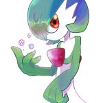  1girl bad_id bad_pixiv_id bob_cut colored_skin flat_chest gardevoir green_hair green_skin hair_over_one_eye hand_up hao_(pixiv_10705622) looking_at_viewer magic multicolored_skin one_eye_covered pokemon pokemon_(creature) red_eyes short_hair simple_background solo standing two-tone_skin upper_body white_background white_skin 