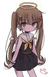  black_dress blunt_bangs blush brown_eyes brown_hair closed_mouth dress hair_ornament halo kanikan long_hair mini_wings neckerchief original sailor_dress simple_background sleeveless twintails very_long_hair white_background wings yellow_neckerchief 