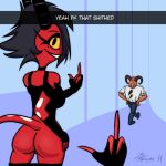  2023 anthro big_butt black_hair blitzo_(helluva_boss) breasts butt clothed clothing cuckold demon demon_humanoid detailed_background duo female genitals hair helluva_boss hi_res horn humanoid imp kojot male male/female millie_(helluva_boss) open_mouth open_smile partially_clothed public_indecency pussy red_body smile snapchat teeth thick_thighs yellow_sclera 