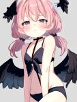  1girl annoyed bikini black_bikini black_wings blue_archive character_request choker closed_mouth front-tie_bikini_top front-tie_top groin highres pink_eyes pink_hair short_twintails solo stomach swimsuit twintails wings yukimochi_(ykillust) 