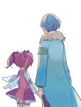  1boy 1girl armband black_pants blue_coat blue_hair coat commentary_request employee_(lobotomy_corporation) fake_wings from_behind fur-trimmed_coat fur_trim garter_straps height_difference holding_hands lobotomy_corporation long_sleeves medu_(rubish) pants pink_skirt pink_vest pleated_skirt project_moon purple_hair shirt short_hair short_twintails simple_background sketch skirt thighhighs twintails vest white_background white_shirt white_thighhighs wings 