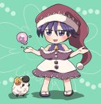  1girl animal blob blue_eyes blue_hair chibi doremy_sweet dream_soul dress flip-flops full_body green_background half-closed_eyes hat looking_at_viewer multicolored_clothes multicolored_dress nightcap open_mouth pom_pom_(clothes) red_headwear rokugou_daisuke sandals shadow sheep short_hair smile solo standing touhou 