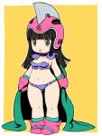  1girl :p armor ass_visible_through_thighs beeru_(veil8801) bikini bikini_armor black_eyes black_hair blue_bikini boots breasts cape cape_hold chi-chi_(dragon_ball) child choker dragon_ball dragon_ball_(classic) female_child full_body gloves green_socks helmet highres holding holding_cape holding_clothes long_hair navel pauldrons pink_footwear pink_gloves pink_headwear shoulder_armor simple_background small_breasts smile socks solo swimsuit thighs tongue tongue_out yellow_background 