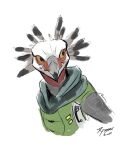  akilae06 alien anthro avian avian_caruncle beak clothing colored colored_sketch fangs feather_hair feathered_crest feathers female green_clothing grey_body grey_feather_hair grey_feathers grey_skin halo_(series) head_crest hi_res kig-yar looking_aside looking_away microsoft pseudo_hair red_neck scalie shemagh simple_background sketch solo t&#039;vaoan teeth vel_(akilae06) white_body white_skin xbox_game_studios yellow_eyes 