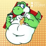  1:1 2023 absurd_res anthro belly big_belly blue_eyes colored digital_media_(artwork) dinosaur eating food green_body green_yoshi hanging_belly hi_res holding_food holding_object male mario_bros nintendo obese open_mouth overweight overweight_male pizza pizza_slice reptile scalie simple_background smile soda_cup solo solo_focus sweety_storm watermark weight_gain yoshi yoshi_(character) 
