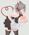  1girl :d antennae apron arknights bare_arms bare_shoulders black_dress black_thighhighs breasts commentary_request dress frilled_apron frills grey_background grey_hair hand_on_own_chest heart heart_tail highres horns large_breasts looking_at_viewer nail_polish open_mouth orange_eyes pareorepa pleated_skirt red_nails short_dress short_hair simple_background skirt smile solo tail thighhighs w_(arknights) white_apron zettai_ryouiki 
