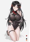  +_+ 1girl absurdres arknights arm_under_breasts bare_shoulders black_hair black_one-piece_swimsuit breasts casual_one-piece_swimsuit covered_navel cyan_(2723219252) detached_sleeves full_body highres horns impossible_clothes impossible_swimsuit ines_(arknights) kneeling large_breasts long_hair long_sleeves looking_at_viewer one-piece_swimsuit parted_bangs simple_background solo swimsuit very_long_hair white_background yellow_eyes 