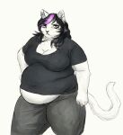  2020 anthro belly big_belly black_hair bottomwear breasts catti_(deltarune) cettus cleavage clothed clothing deltarune domestic_cat felid feline felis female frown fur hair highlights_(coloring) mammal midriff overweight overweight_anthro overweight_female pants pink_highlights shirt simple_background solo standing topwear undertale_(series) white_background white_body white_fur 