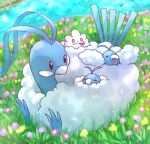 altaria beak black_eyes closed_eyes flower kotobukkii_(yt_lvlv) looking_at_another no_humans on_grass open_mouth outdoors pokemon pokemon_(creature) pokemon_on_back red_eyes river riverbank swablu swirlix tongue tongue_out 