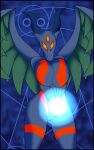  3_eyes anthro baphomet_(deity) baphomet_(la-mulana) big_breasts blue_background blue_body blue_fur bovid breasts caprine caprine_demon deity demon feathered_wings feathers featureless_breasts featureless_crotch female fur goat_demon green_body green_feathers hi_res honwell horn huge_breasts la-mulana mammal markings multi_eye orange_eyes simple_background solo thick_thighs wide_hips wings 