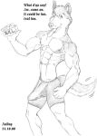  2000 abs anthro balls_outline black_and_white bottomwear bulge canid canine canis clothing dialogue domestic_dog ear_piercing ear_ring erection genital_outline graphite_(artwork) husky looking_at_viewer male mammal monochrome muscular muscular_anthro muscular_male nipples nordic_sled_dog nudog pecs pencil_(artwork) penis_outline piercing ring_piercing shorts_only solo spitz text tight_bottomwear tight_clothing traditional_media_(artwork) 