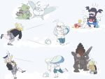  1boy 1girl absurdres blonde_hair clenched_teeth closed_eyes coalossal commentary_request fangs frosmoth gordie_(pokemon) grey_footwear grey_shorts highres jacket kneeling melony_(pokemon) mira_(miramita8727) mother_and_son motion_lines mr._rime multiple_views musical_note open_mouth pokemon pokemon_(creature) pokemon_(game) pokemon_swsh scarf shoes shorts shuckle simple_background snom snowball snowball_fight teeth throwing trembling tyranitar white_background 
